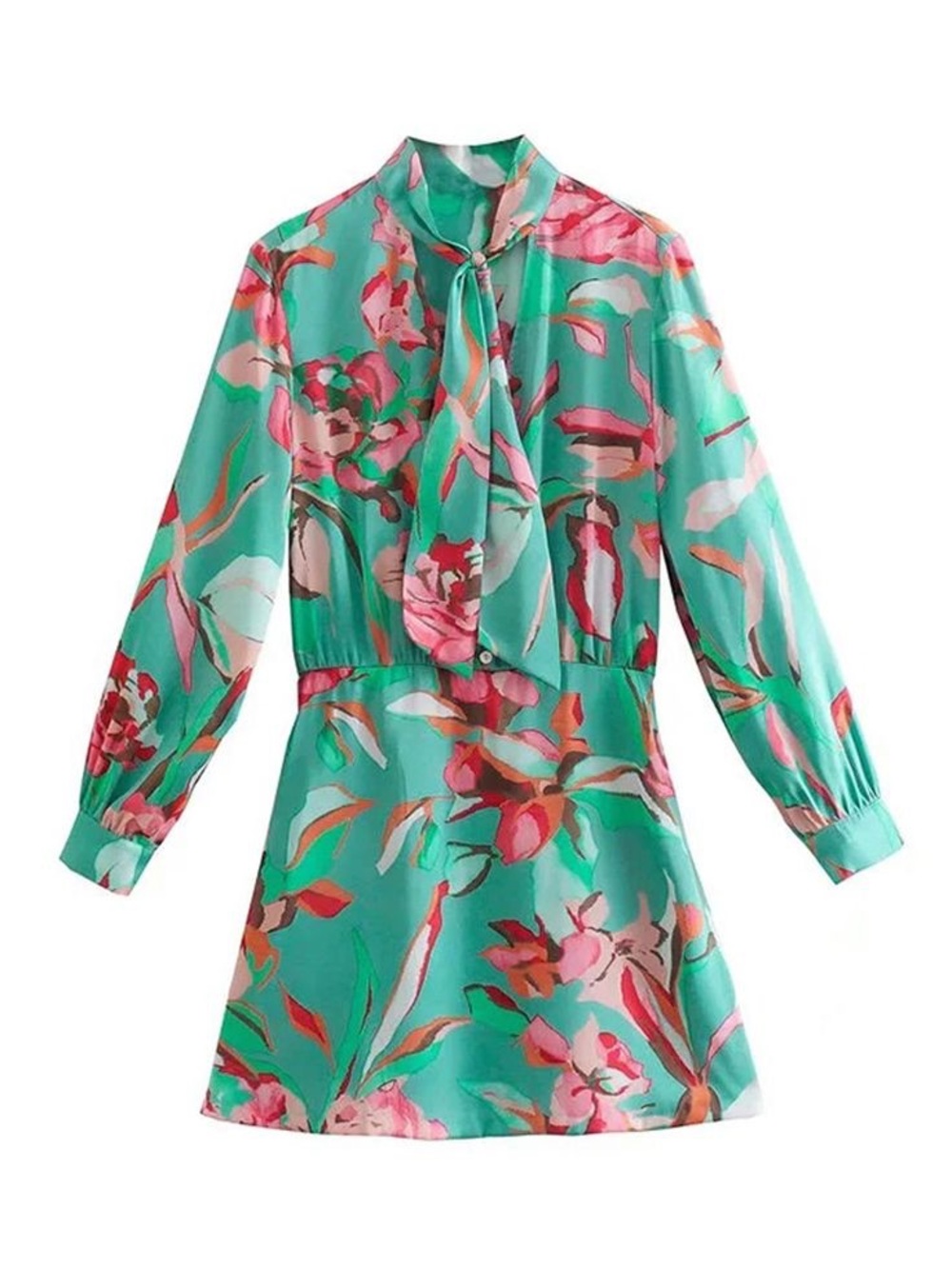 NWT Zara Floral Tie-Neck Mini Dress in Mint Pink